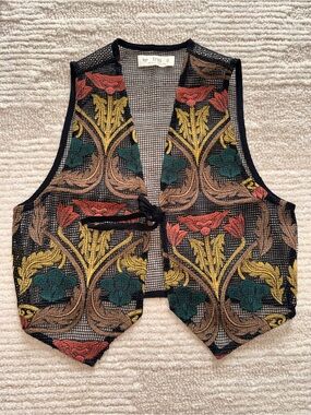 Floral Embroidered Mesh Vest in Black with Multicolor Motif - Small